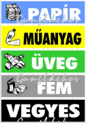 Szelektív hulladék kuka matrica tábla, papír műanyag üveg fém vegyes feliratokkal