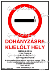 Dohányzásra kijelölt hely kormányrendelet alapján 5 nyelven tábla matrica, fehér alapon áthúzott cigaretta, 5 nyelven ráírva