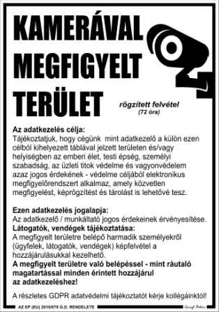 GDPR kamerával megfigyelt terület matrica vagy tábla