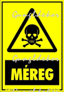 Méreg piktogram, sárga alapon fekete szöveg és halálfej