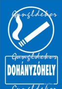 Dohányzóhely tábla matrica, kék alapon fehér szöveg, égő cigaretta