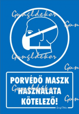 Porvédő maszk használata kötelező tábla matrica, kék alapon fehér szöveg, maszkos fej piktogram