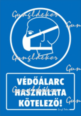Védőálarc használata kötelező tábla matrica, kék alapon fehér szöveg, védőmaszkos fej piktogram