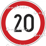 Szállítási jelzés, 20 km/h matrica, piros kör benne 20 as felirat