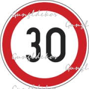 Szállítási jelzés, 30 km/h matrica, piros kör benne 30 as felirat